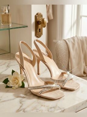 VERONICA BEARD Nude Suede Crystal Rhinestone Slingback Heels - Size 7.5M